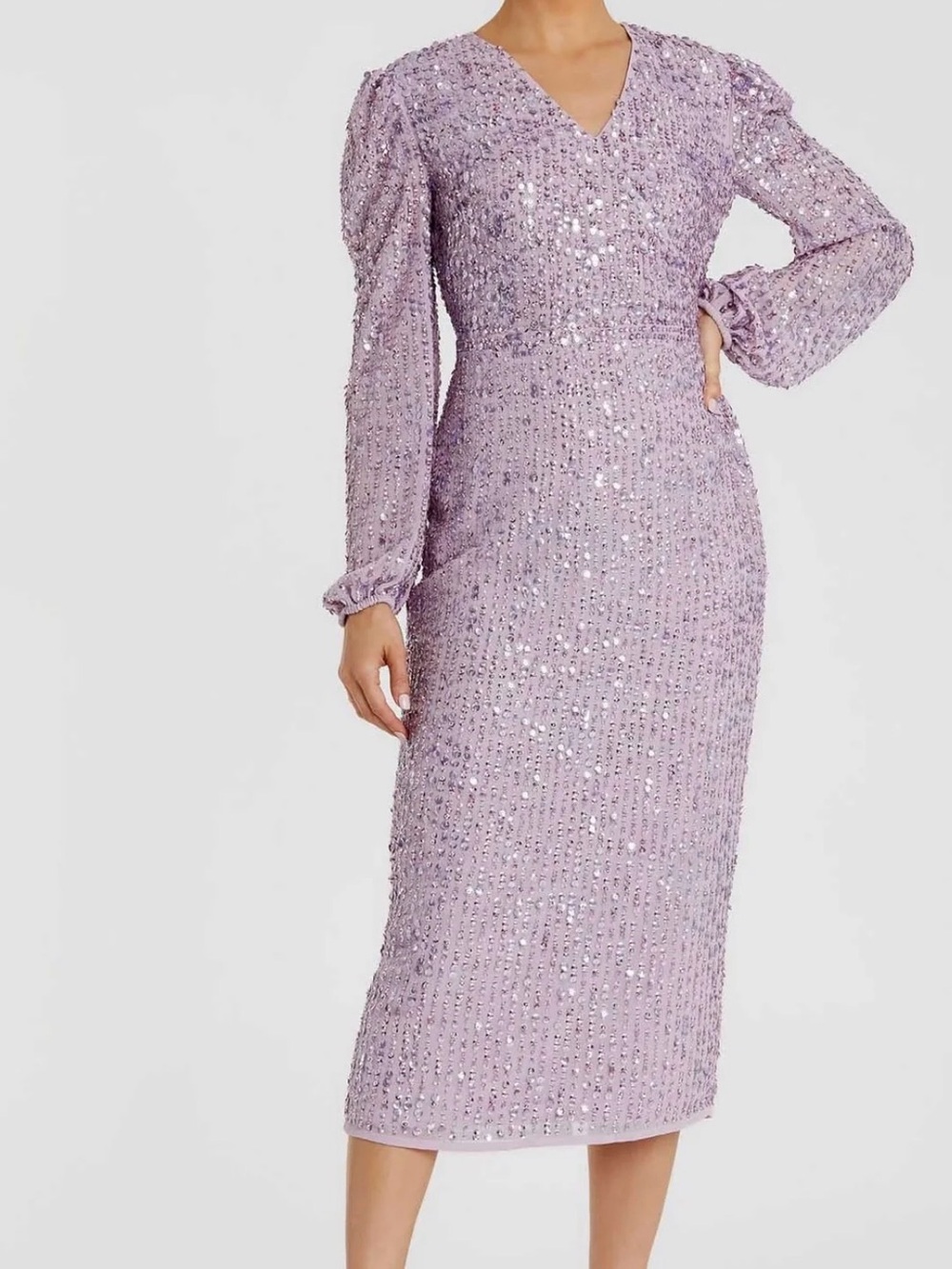 Mac Duggal Lavender Sequin V-Neck Long Sleeve Midi Dress